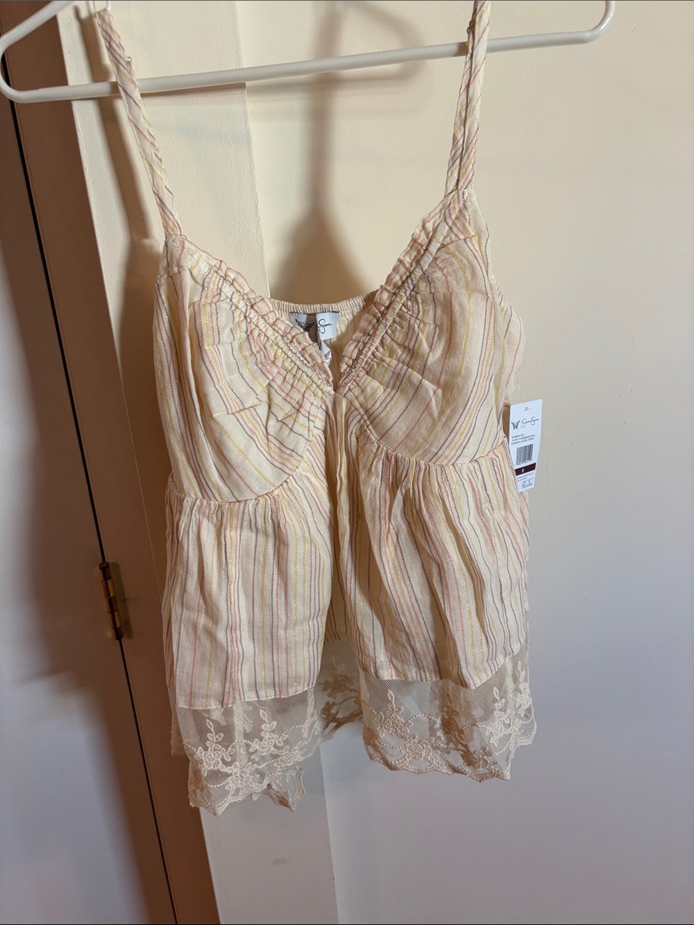 Cream Striped Lace-Trim Cami Top